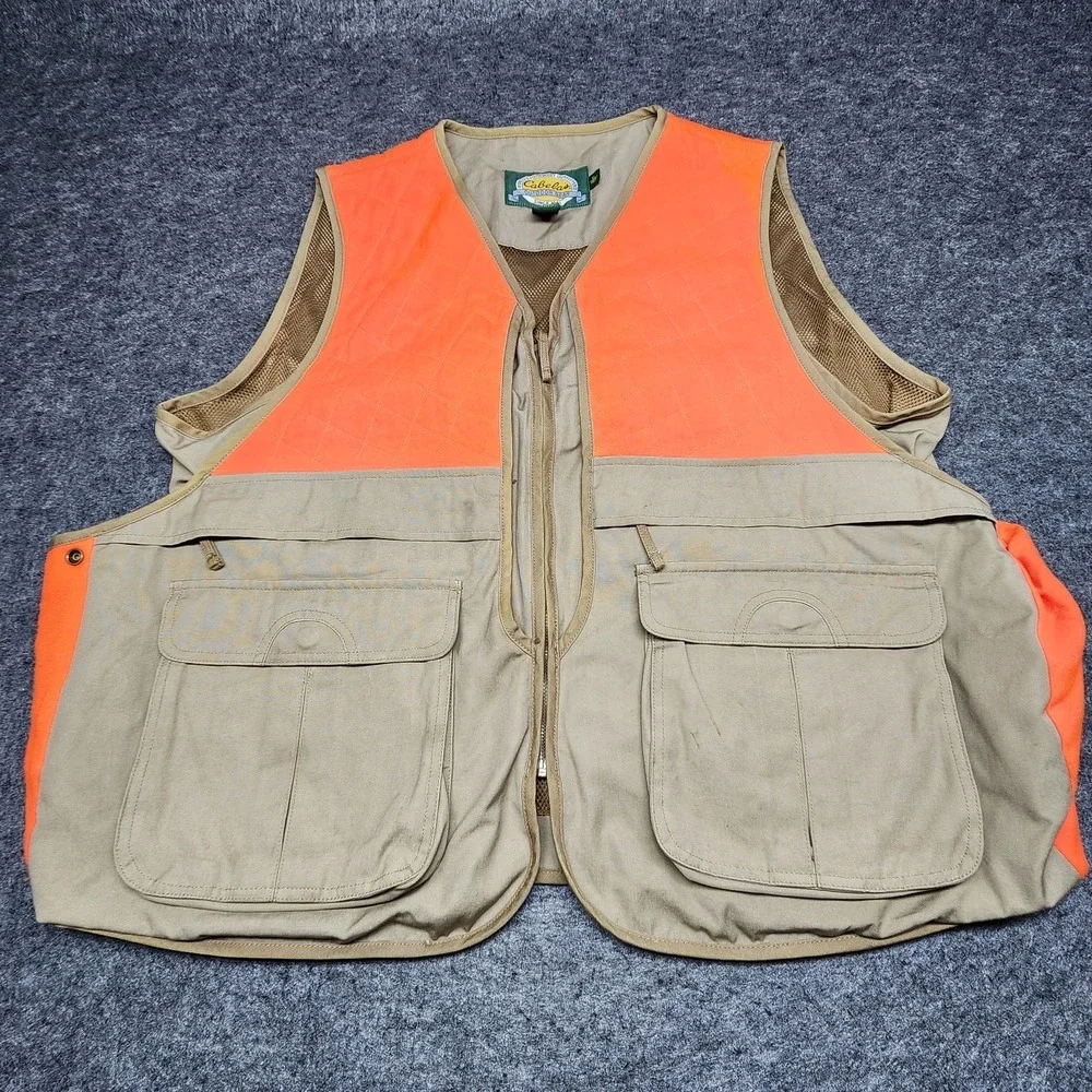 Cabelas Mens Upland Bird Hunting Shooting Vest Blaze Orange Khaki XL